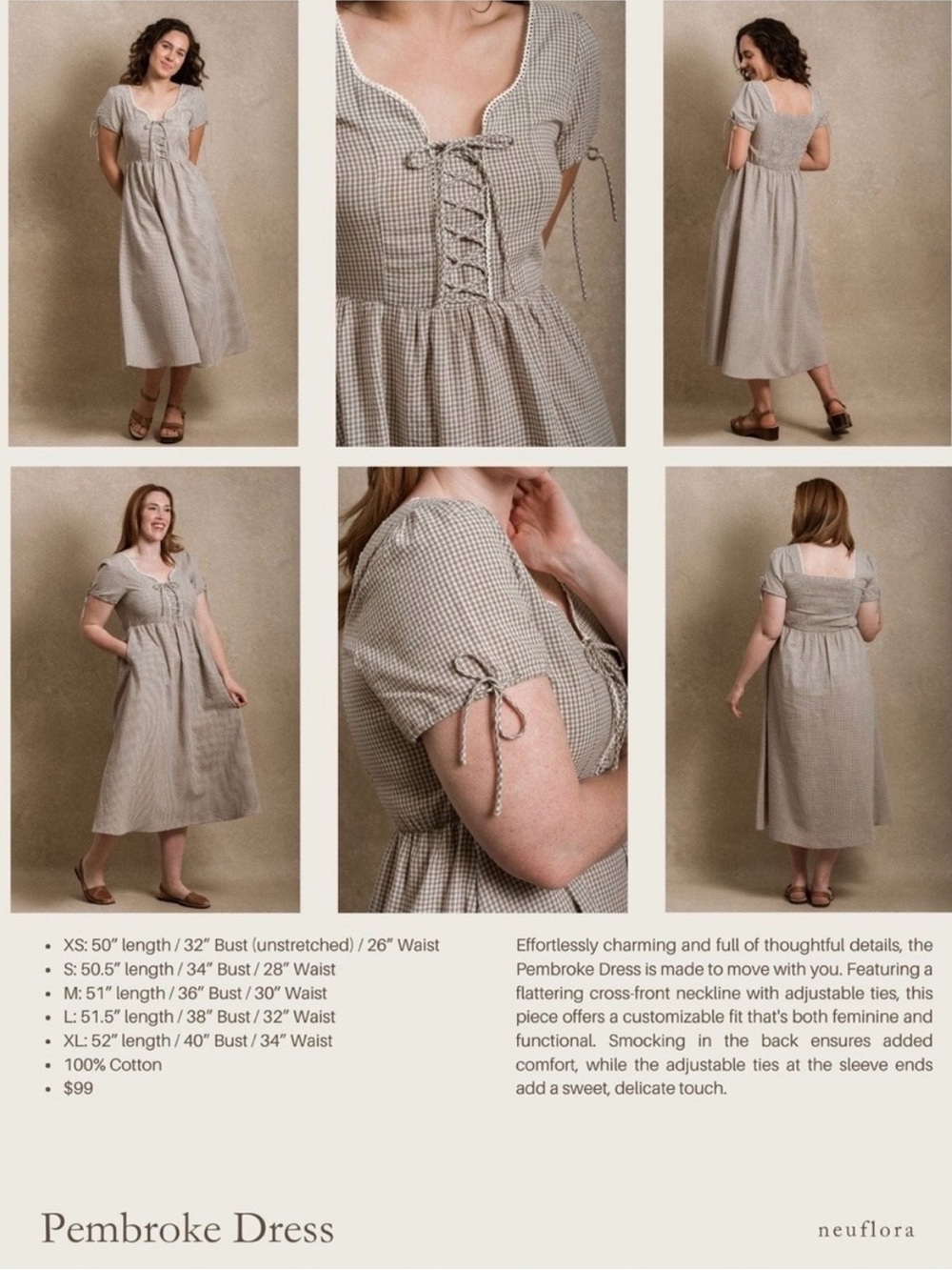 Beige Gingham Lace-Up Midi Dress